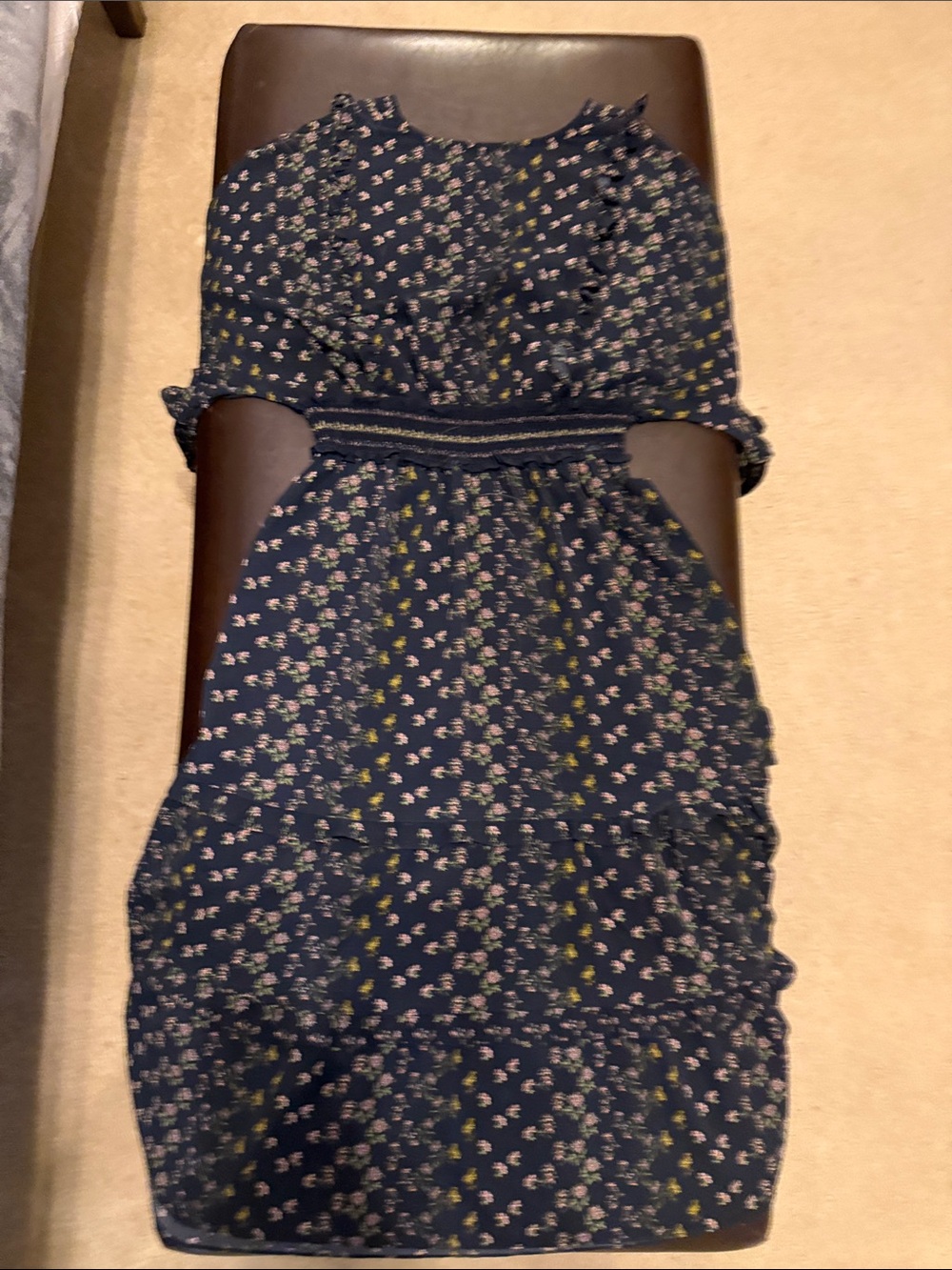 🌻Women's Navy Floral V-Neck Smocked Waist Dress🌻 - Picture 3 of 4